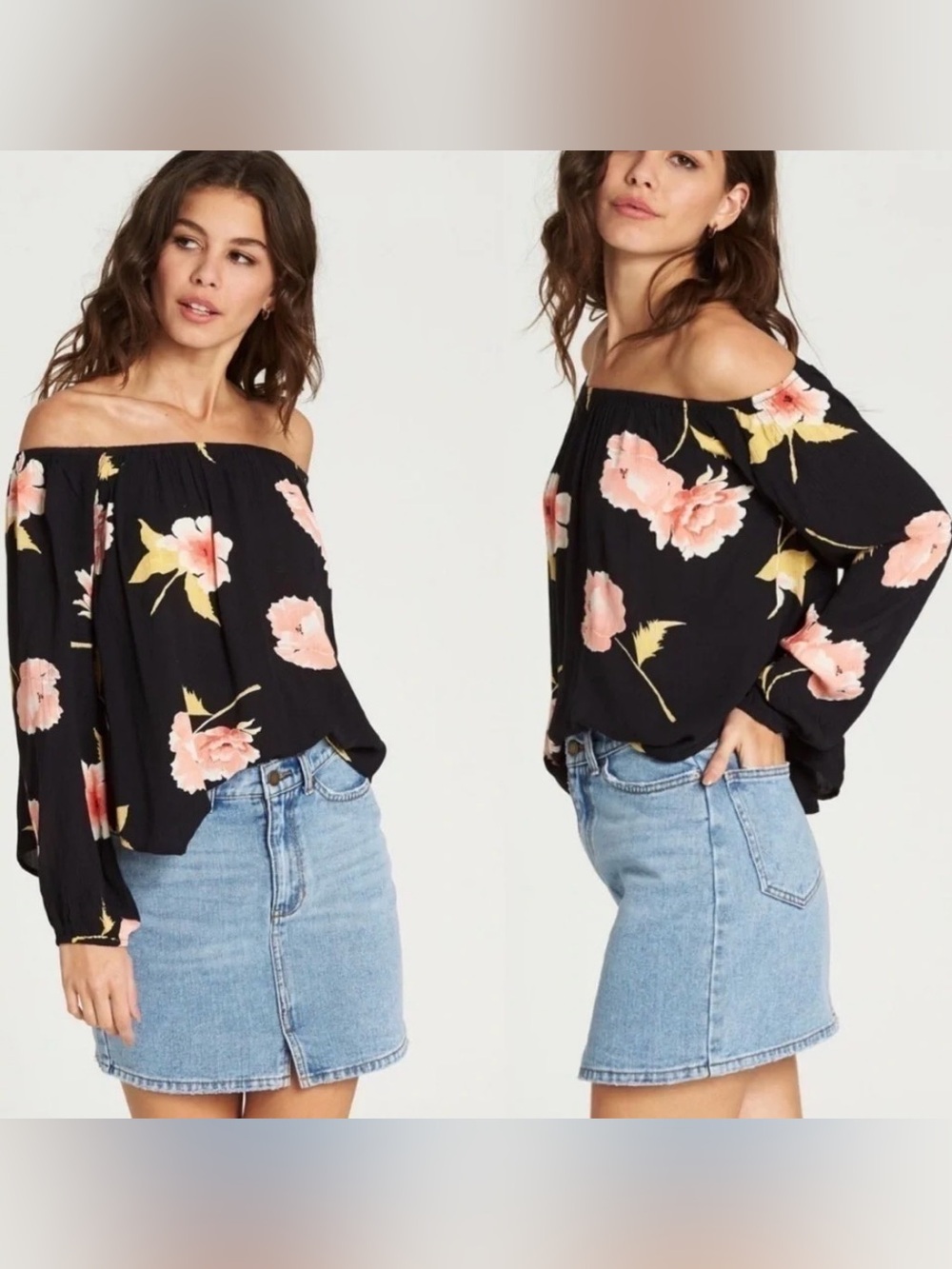 Billabong Mi Amor off shoulder blouse top floral boho bohemian peasant L